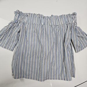 Ganni Jackson Ruffle Striped Off The Shoulder Blue and White Top